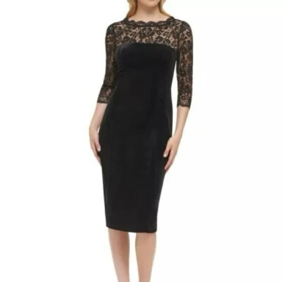 Eliza J Lace Sleeve Cocktail Dress Black Ruched Sheath Size 10 NWT Nordstrom - Picture 1 of 6